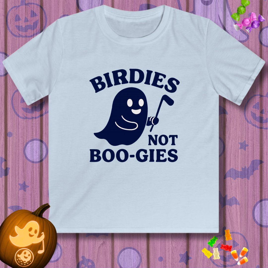 Birdies not BOO-GIES - Halloween - Youth Golf T-Shirt in Light Blue, great for casual wear. Find more fun golf focused products at oneforetheages.com