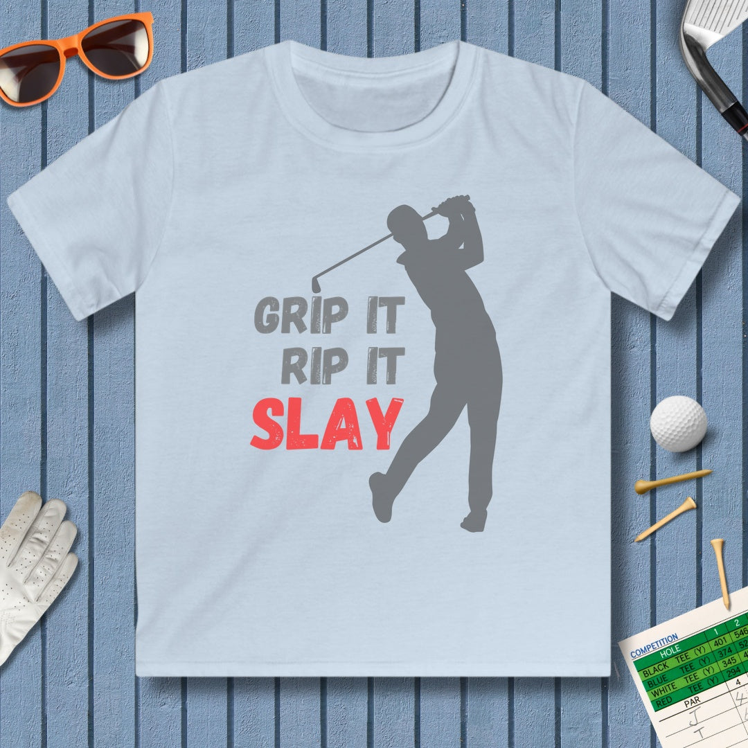 GRIP IT, RIP IT, SLAY (Male) - Youth Golf T-Shirt in Light Blue