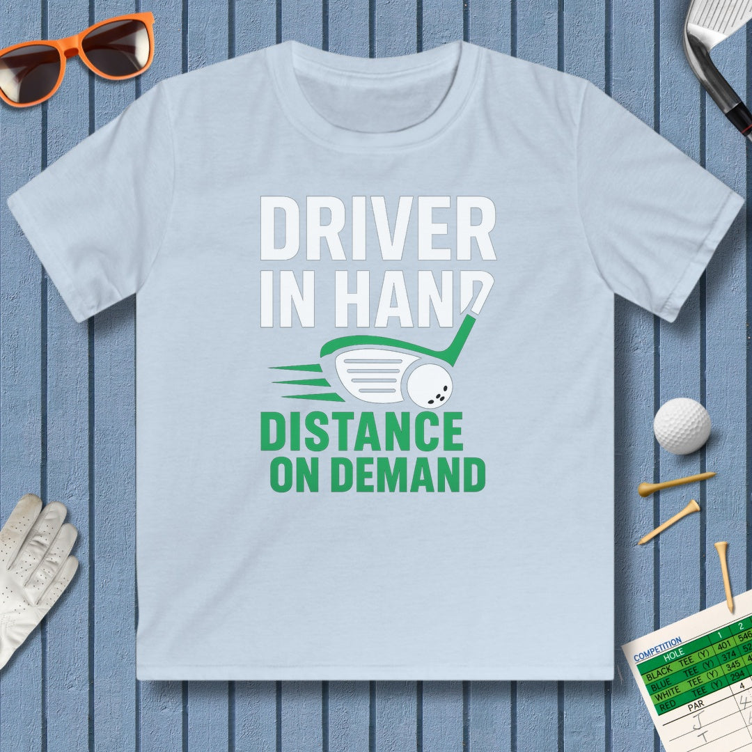 Driver in Hand - Distance on Demand - Youth Golf T-Shirt in Light Blue
