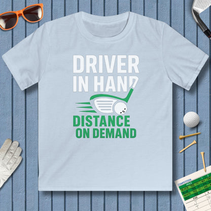 Driver in Hand - Distance on Demand - Youth Golf T-Shirt in Light Blue