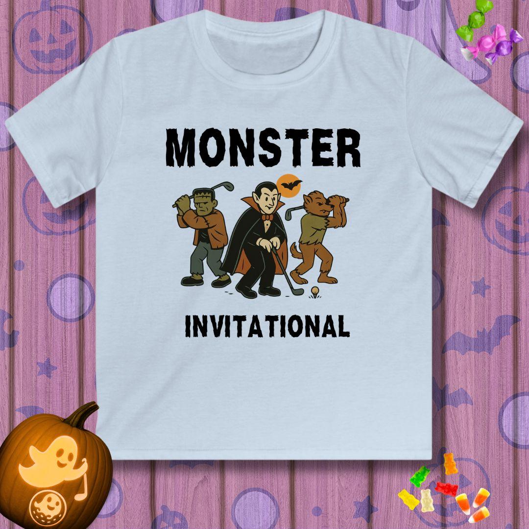 Monster Invitational - Youth Halloween T-shirt in Light Blue, great for casual wear. Find more fun golf focused products at oneforetheages.com