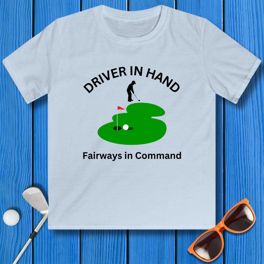 Driver in Hand - Fairways in Command - Junior Boy T-shirt in Light Blue, great for casual wear. Find more fun golf focused products at oneforetheages.com