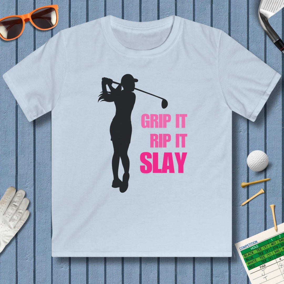 GRIP IT, RIP IT, SLAY (Female) - Youth Golf T-Shirt in Light Blue