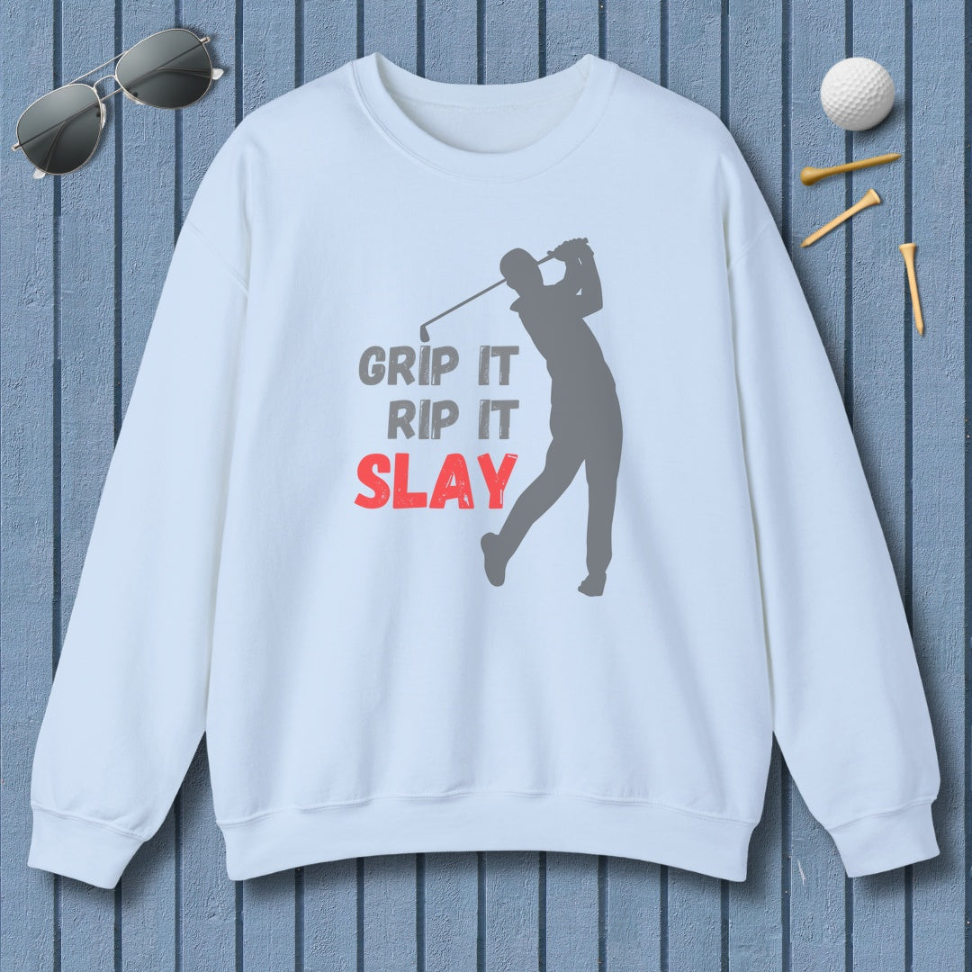 GRIP IT, RIP IT, SLAY (Male) - Adult Golf Sweatshirt in Light Blue