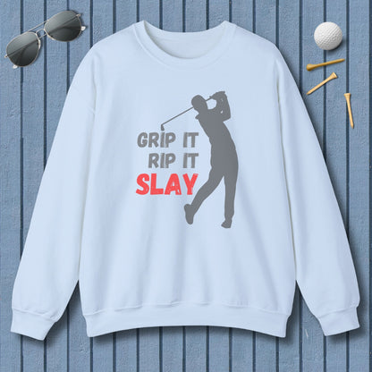 GRIP IT, RIP IT, SLAY (Male) - Adult Golf Sweatshirt in Light Blue