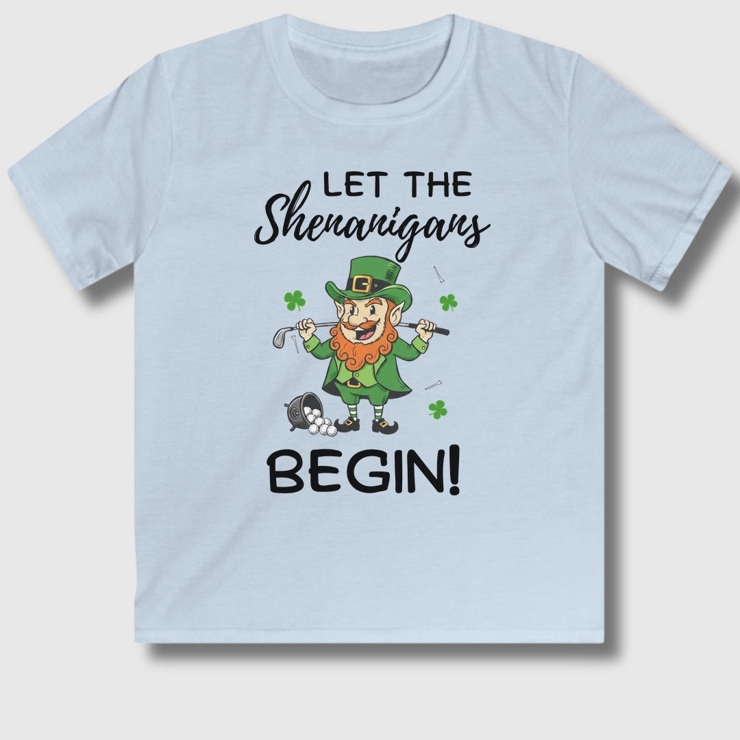 Let The Shenanigans Begin - Youth Golf T-Shirt in Light Blue
