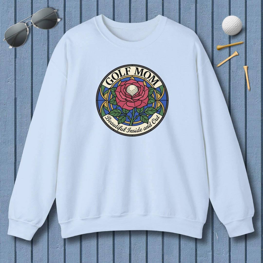 GOLF MOM: BEAUTIFUL INSIDE AND OUT, Stained Glass Rose Tee - Adult Golf Sweatshirt in Light Blue