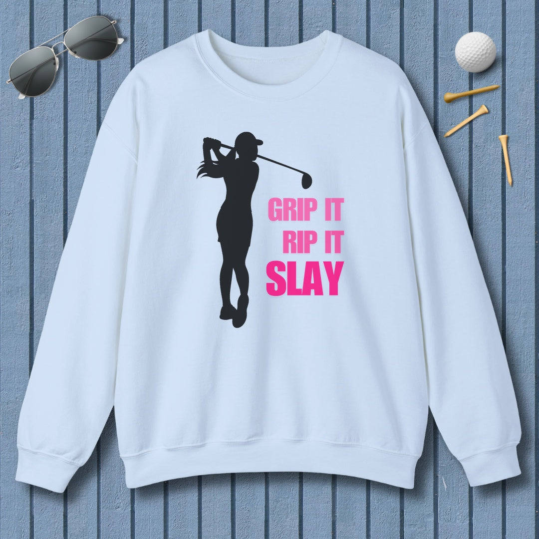 GRIP IT, RIP IT, SLAY (Female) - Adult Golf Sweatshirt in Light Blue