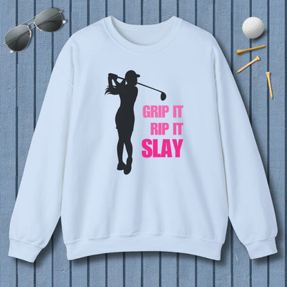 GRIP IT, RIP IT, SLAY (Female) - Adult Golf Sweatshirt in Light Blue