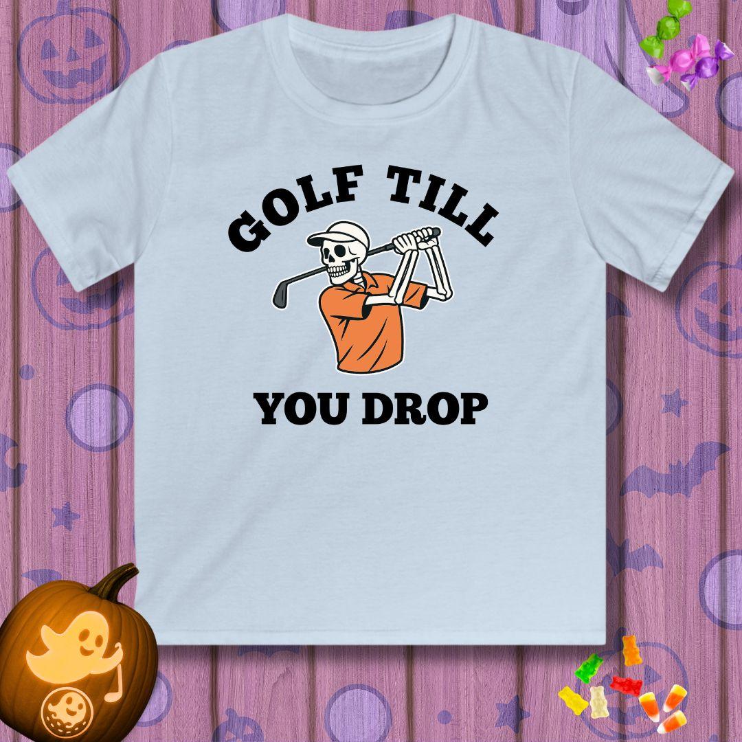 Golf Till You Drop - Youth Halloween T-shirt in Light Blue, great for casual wear. Find more fun golf focused products at oneforetheages.com