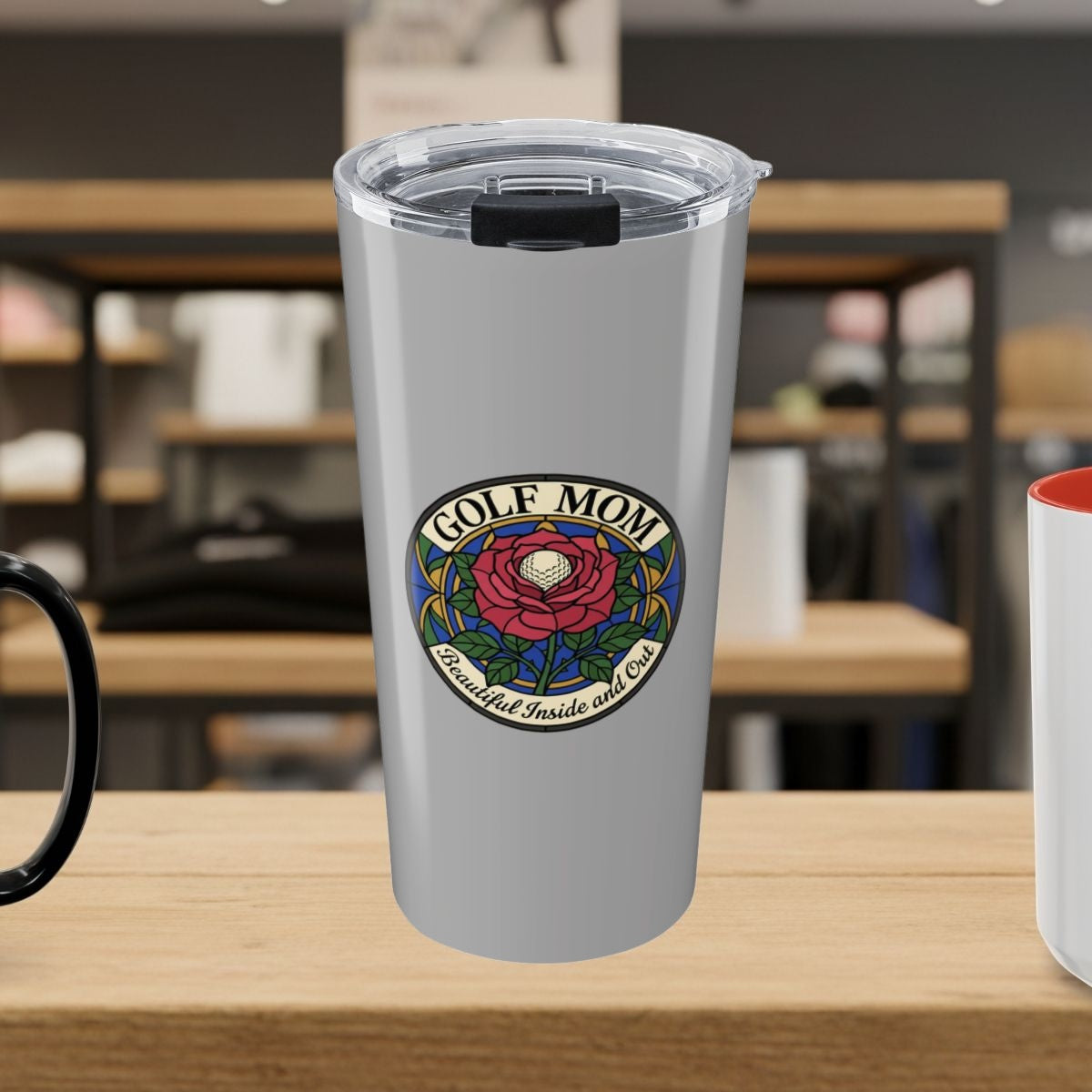 GOLF MOM: BEAUTIFUL INSIDE AND OUT, Stained Glass Rose Tee - 20oz Tumbler in Light Grey