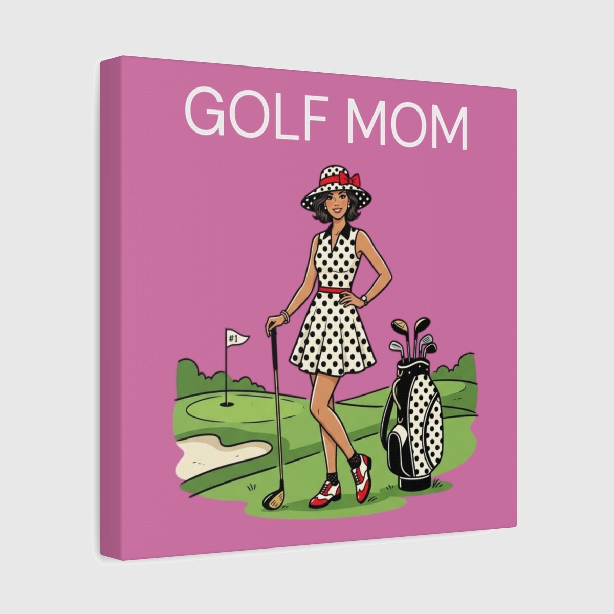 FASHIONABLE GOLF MOM, Polka Dot Dress Tee - Canvas Wall Art - Light Pink - 12×12 - front