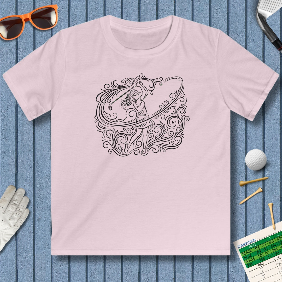 EVERY SWING TELLS A STORY - Women's Golf Vine Art - Youth Golf T-Shirt in Light Pink
