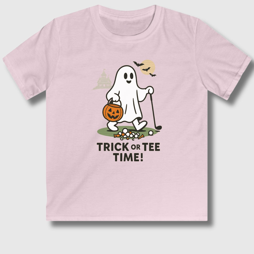 Trick or Tee Time - Youth Golf T-Shirt in Light Pink