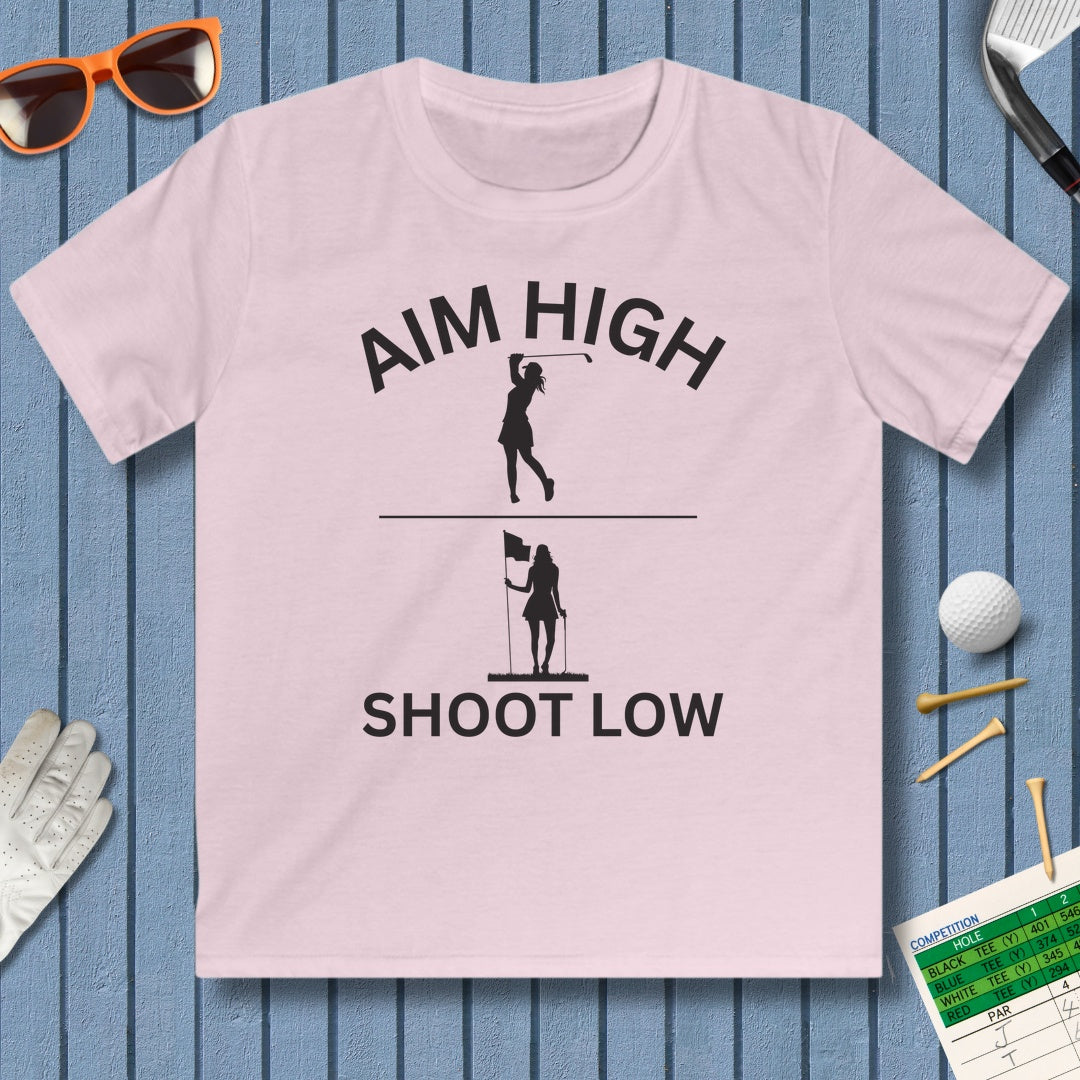Aim High - Shoot Low (Female) - Youth Golf T-Shirt in Light Pink