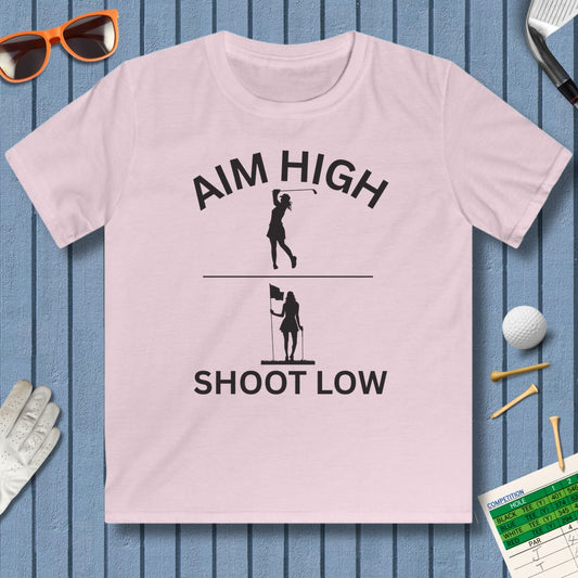 Aim High - Shoot Low (Female) - Youth Golf T-Shirt in Light Pink