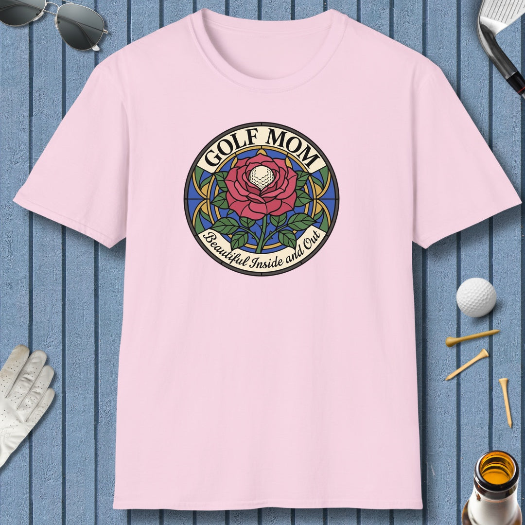 GOLF MOM: BEAUTIFUL INSIDE AND OUT, Stained Glass Rose Tee - Adult Golf T-Shirt in Light Pink