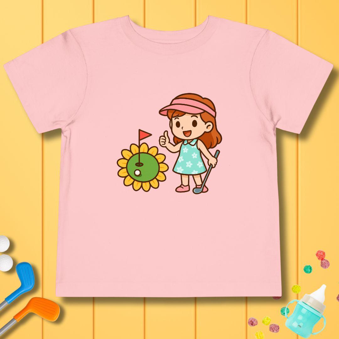 Sunflower Green - Girls Toddler T-Shirt in Pink, great for casual wear. Find more fun golf focused products at oneforetheages.com