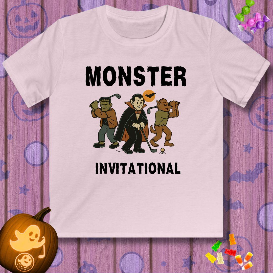 Monster Invitational - Youth Halloween T-shirt in Light Pink, great for casual wear. Find more fun golf focused products at oneforetheages.com