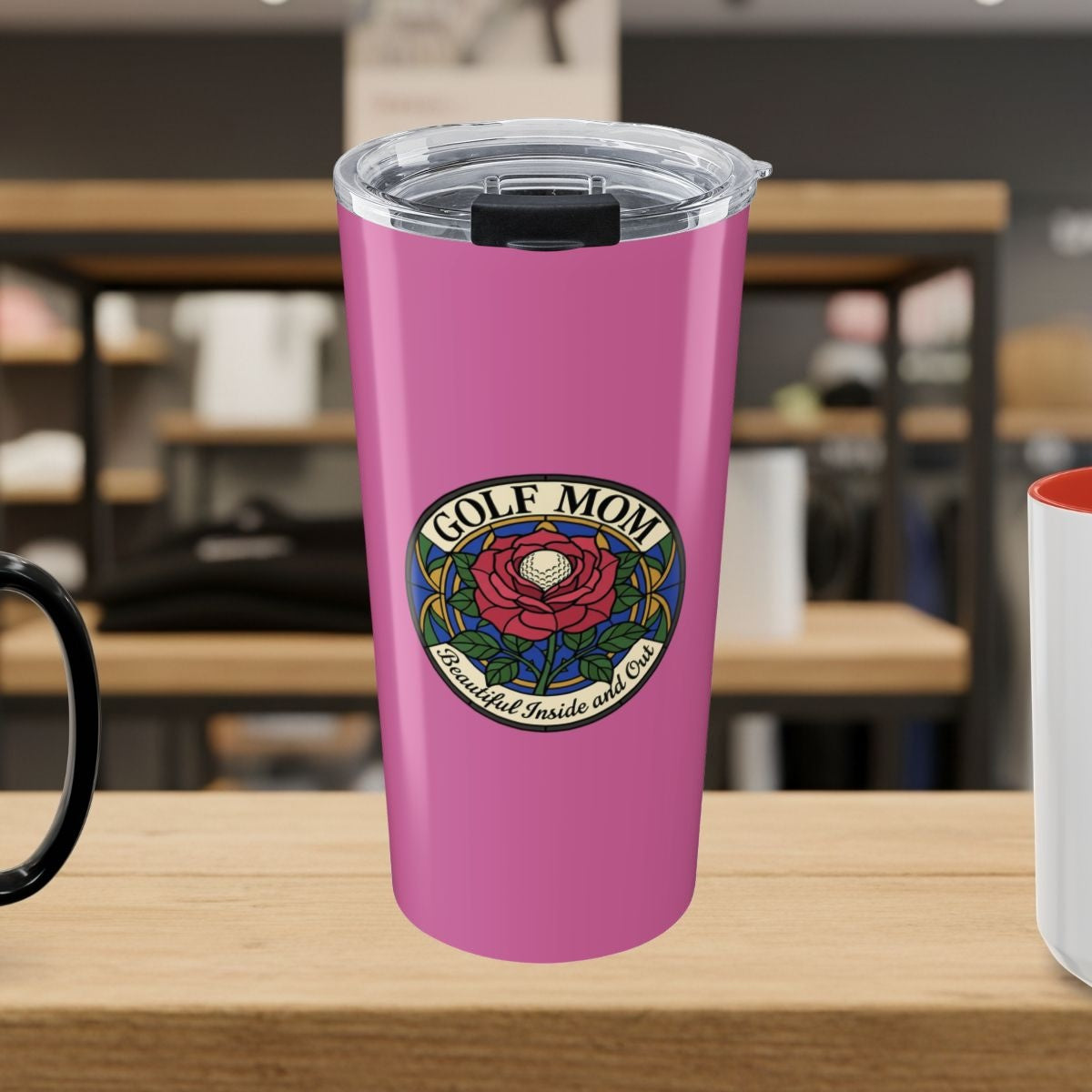 GOLF MOM: BEAUTIFUL INSIDE AND OUT, Stained Glass Rose Tee - 20oz Tumbler in Light Pink