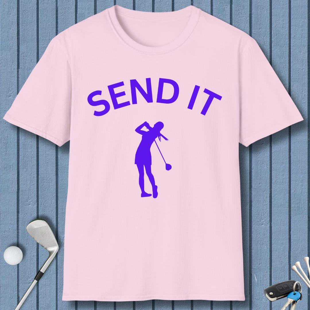 SEND IT - Female - T-Shirt in Light Pink, great for casual wear. Find more fun golf focused products at oneforetheages.com