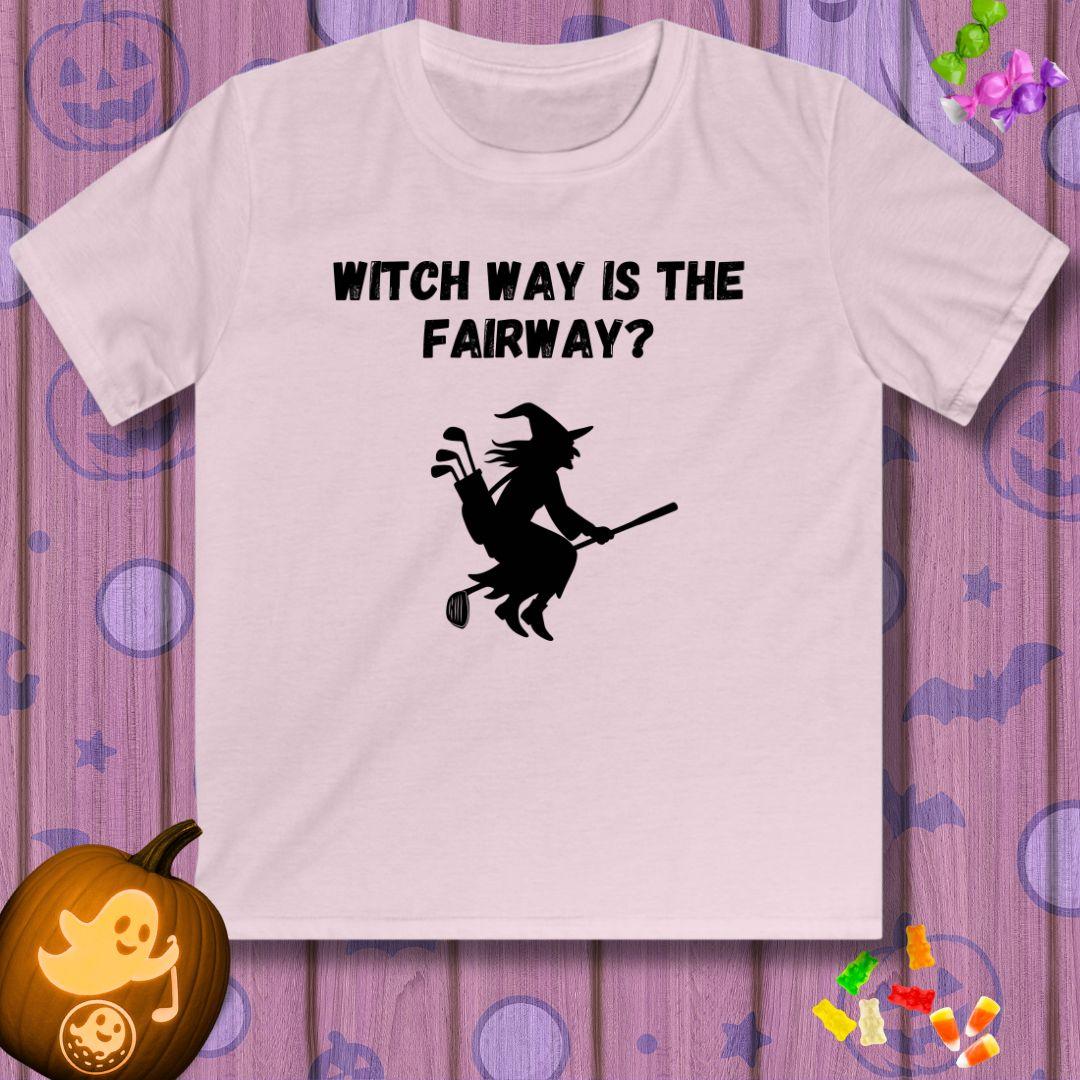 Witch Way is the Fairway? - Youth Halloween T-shirt in Light Pink, great for casual wear. Find more fun golf focused products at oneforetheages.com