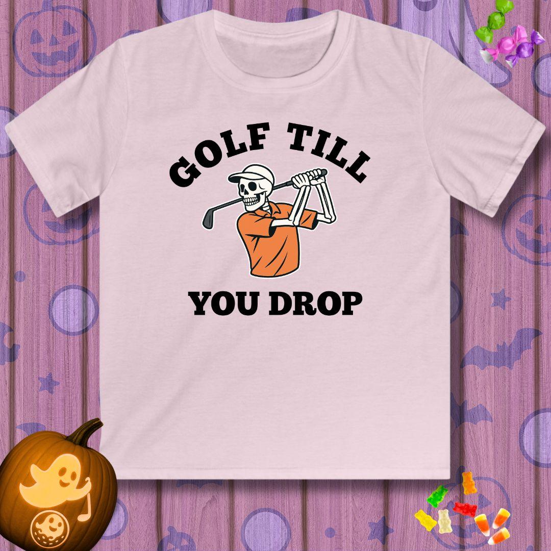 Golf Till You Drop - Youth Halloween T-shirt in Light Pink, great for casual wear. Find more fun golf focused products at oneforetheages.com