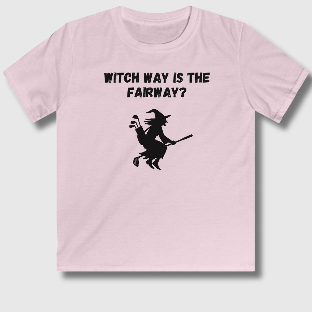 Witch Way is the Fairway - Youth Golf T-Shirt in Light Pink