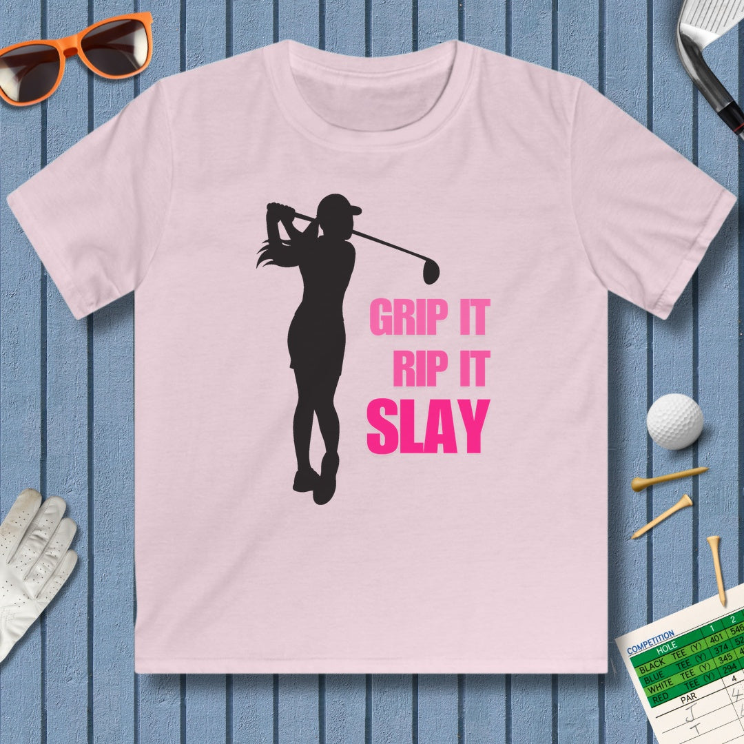 GRIP IT, RIP IT, SLAY (Female) - Youth Golf T-Shirt in Light Pink