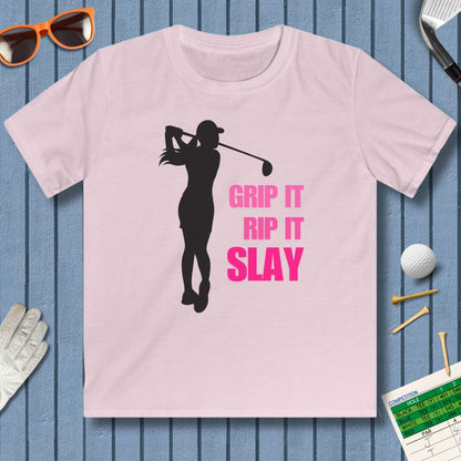 GRIP IT, RIP IT, SLAY (Female) - Youth Golf T-Shirt in Light Pink