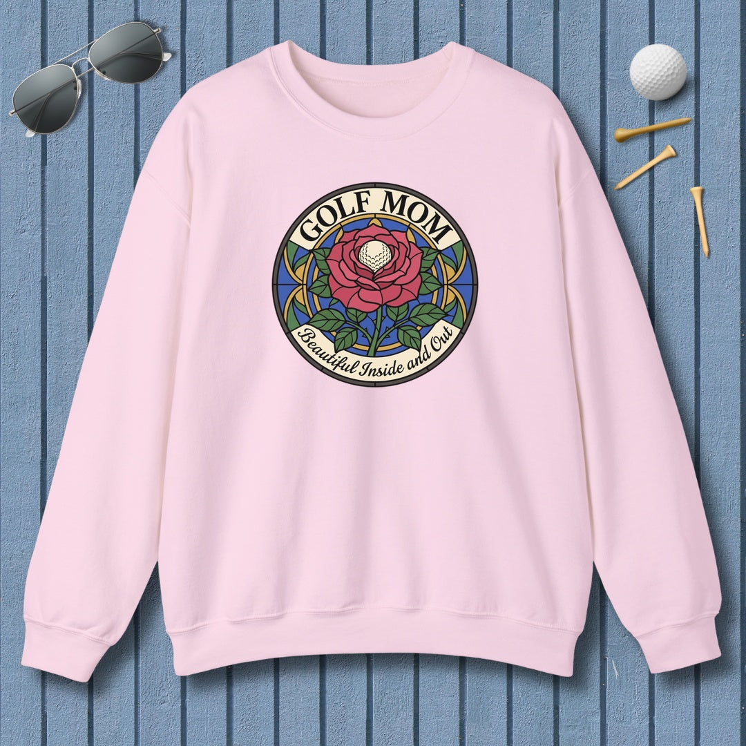 GOLF MOM: BEAUTIFUL INSIDE AND OUT, Stained Glass Rose Tee - Adult Golf Sweatshirt in Light Pink