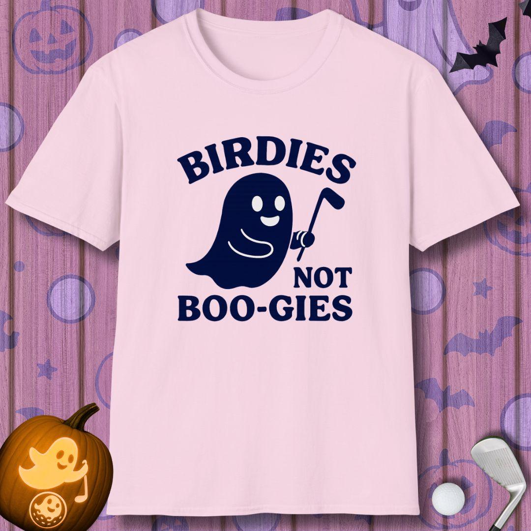 Birdies not BOO-GIES - Halloween T-shirt in Light Pink, great for casual wear. Find more fun golf focused products at oneforetheages.com