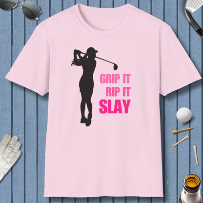 GRIP IT, RIP IT, SLAY (Female) - Adult Golf T-Shirt in Light Pink