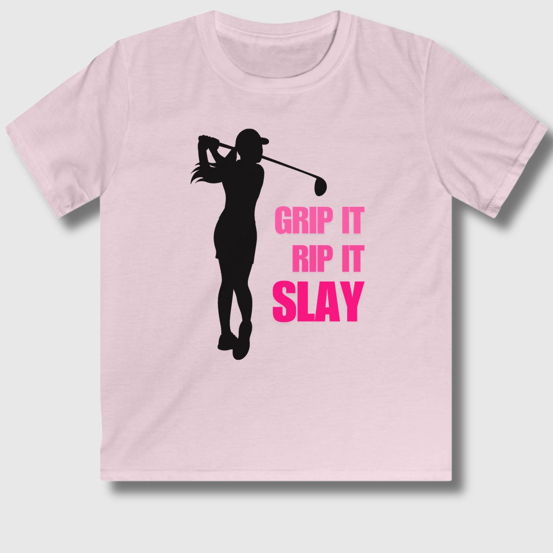 GRIP IT, RIP IT, SLAY (Female) - Youth Golf T-Shirt in Light Pink
