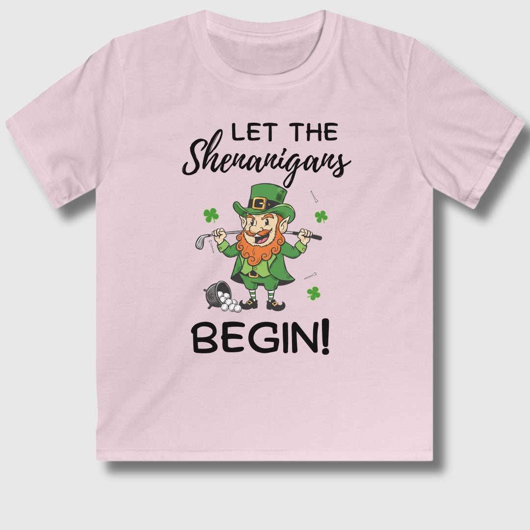 Let The Shenanigans Begin - Youth Golf T-Shirt in Light Pink