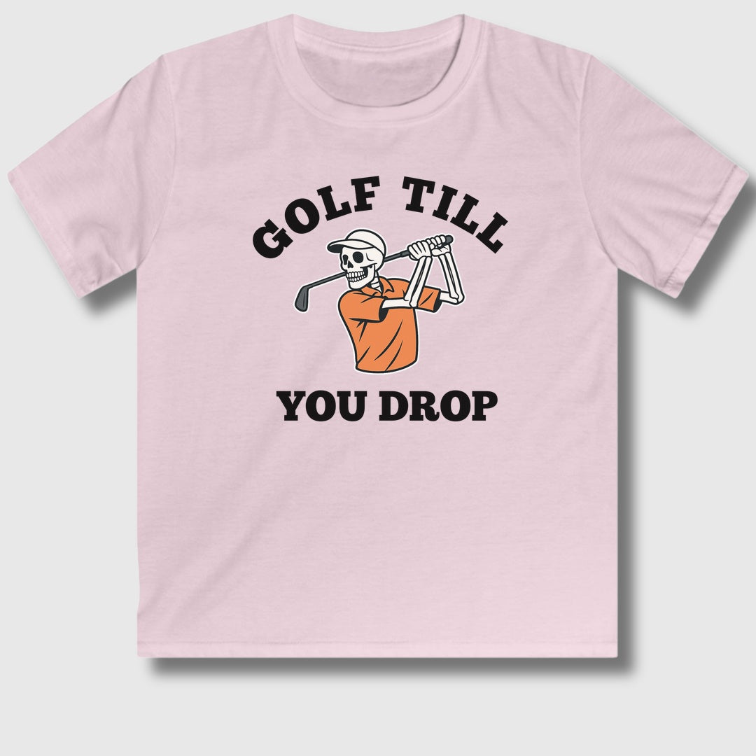 Golf Till You Drop - Youth Golf T-Shirt in Light Pink