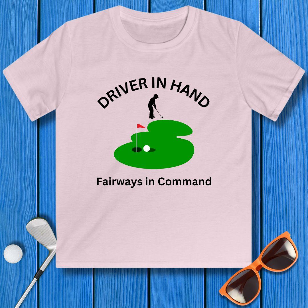 Driver in Hand - Fairways in Command - Junior Boy T-shirt in Light Pink, great for casual wear. Find more fun golf focused products at oneforetheages.com