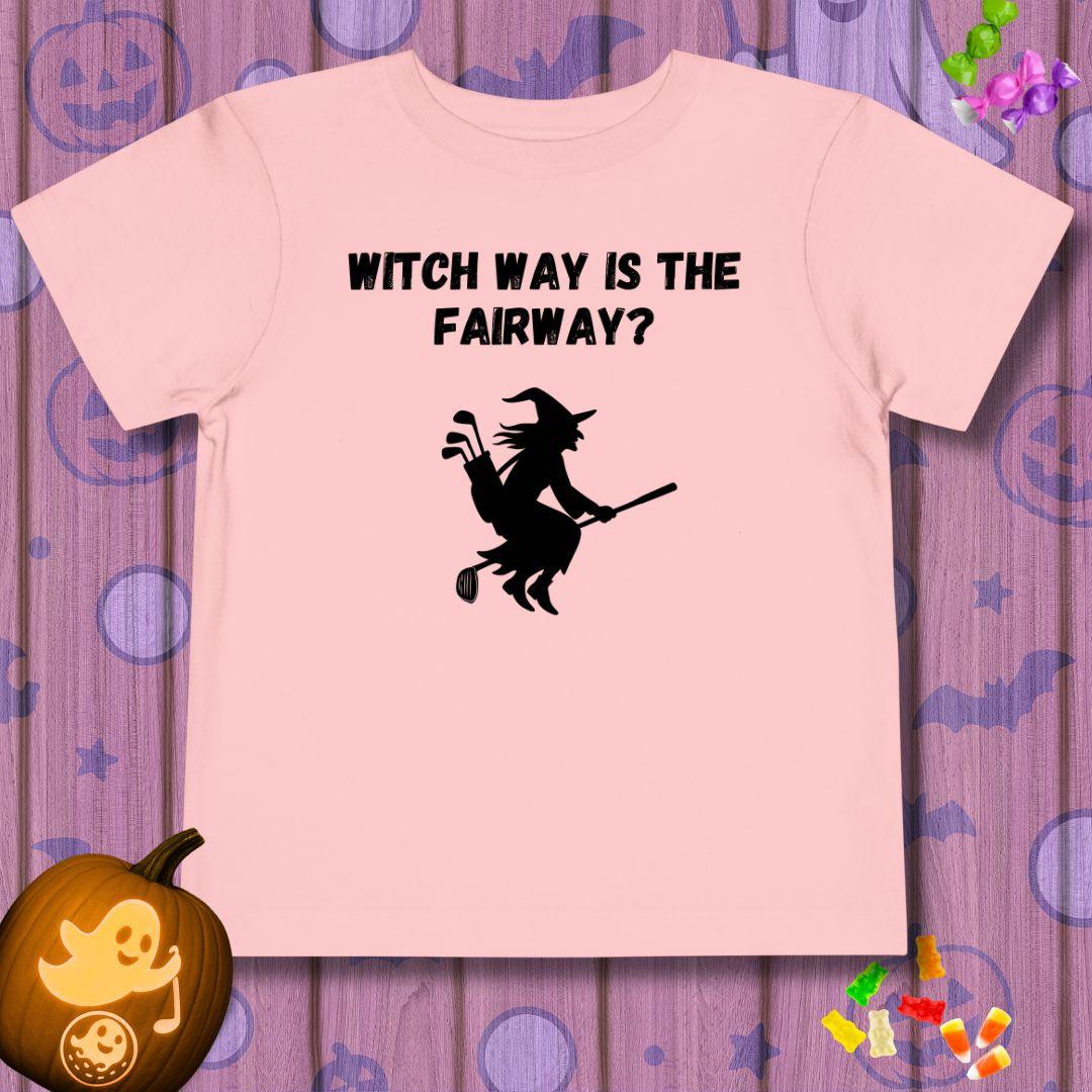 Witch Way is the Fairway? - Toddler Halloween T-shirt in Pink, great for casual wear. Find more fun golf focused products at oneforetheages.com