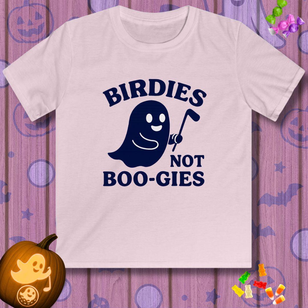 Birdies not BOO-GIES - Halloween - Youth Golf T-Shirt in Light Pink, great for casual wear. Find more fun golf focused products at oneforetheages.com
