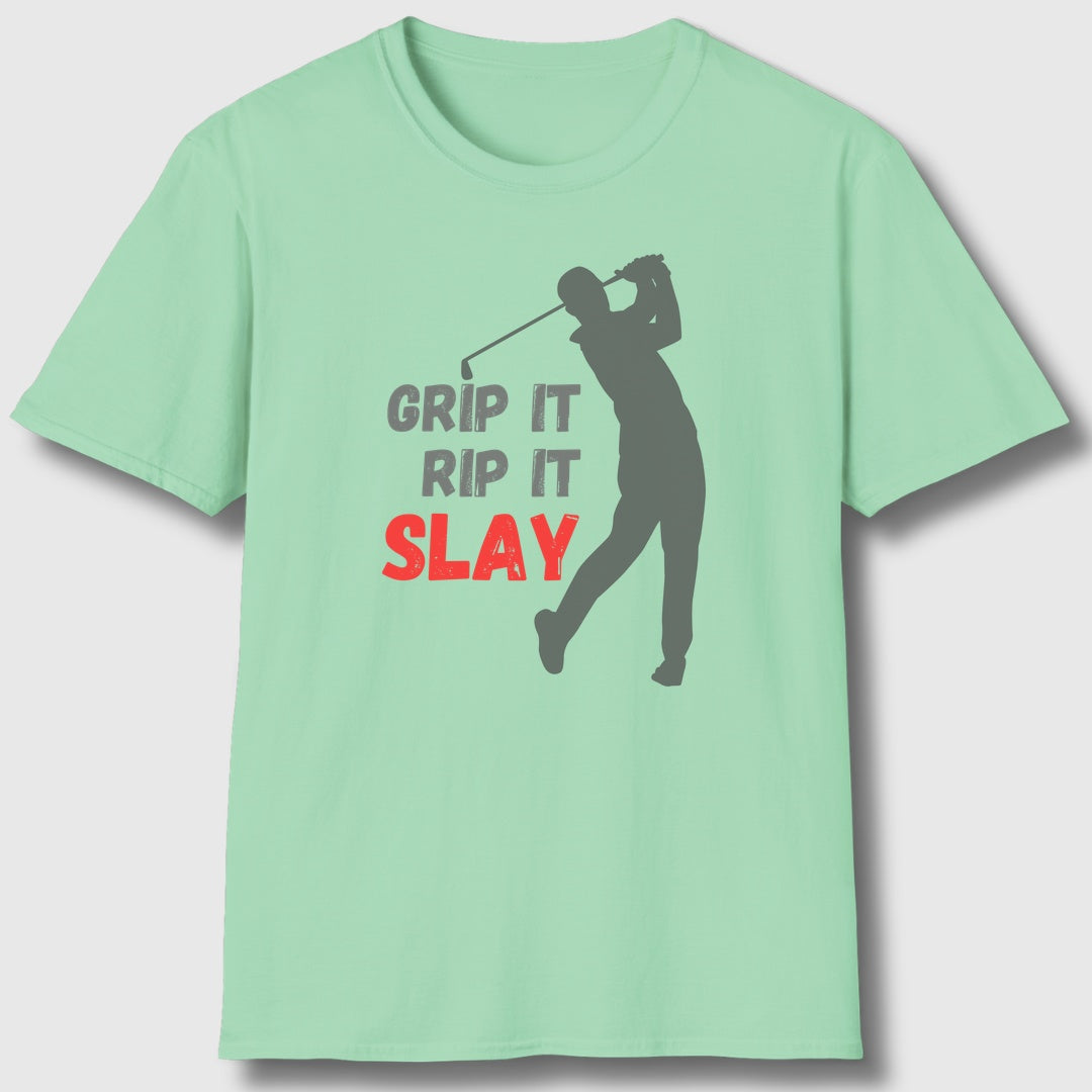 GRIP IT, RIP IT, SLAY (Male) - Adult Golf T-Shirt in Mint Green