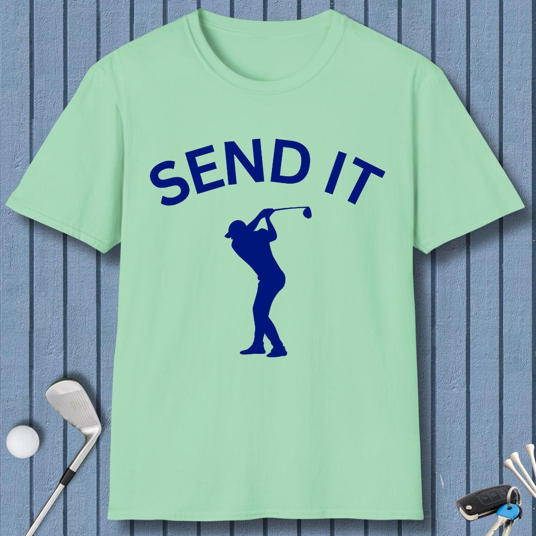 SEND IT - Male Golfer T-Shirt in Mint Green, great for casual wear. Find more fun golf focused products at oneforetheages.com