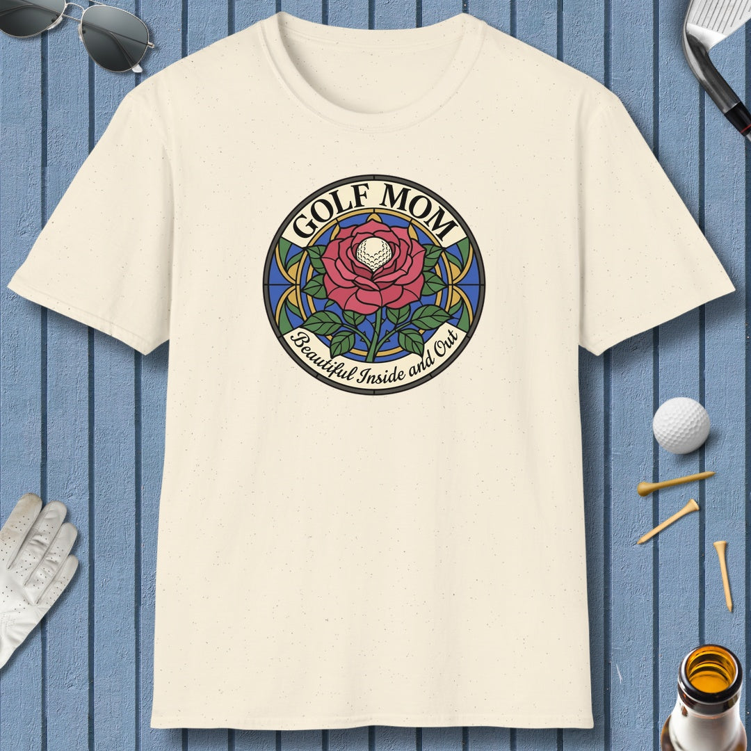 GOLF MOM: BEAUTIFUL INSIDE AND OUT, Stained Glass Rose Tee - Adult Golf T-Shirt in Natural