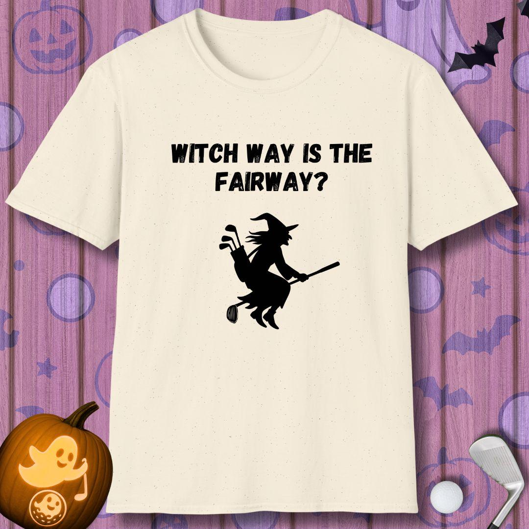Witch Way is the Fairway? - Halloween T-shirt in Natural, great for casual wear. Find more fun golf focused products at oneforetheages.com