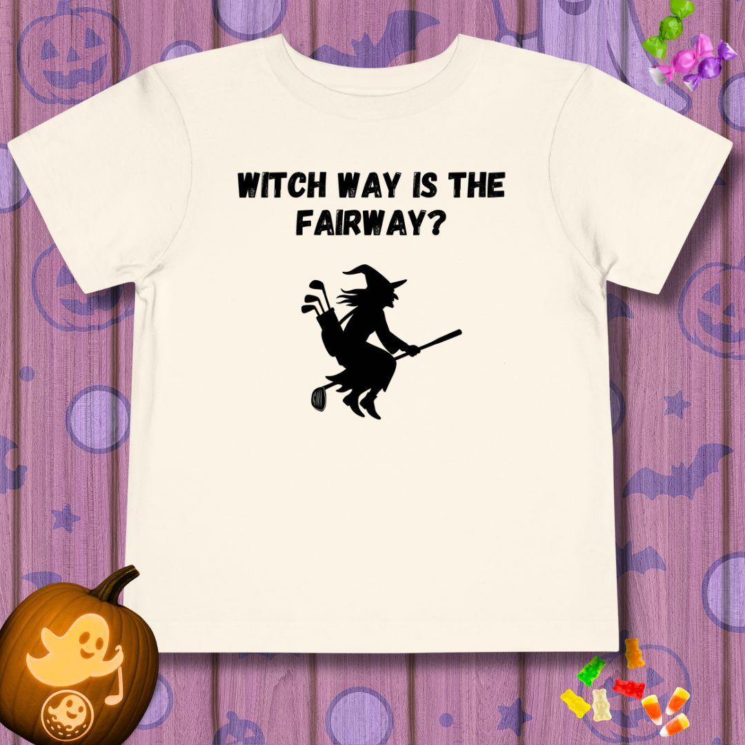 Witch Way is the Fairway? - Toddler Halloween T-shirt in Natural, great for casual wear. Find more fun golf focused products at oneforetheages.com