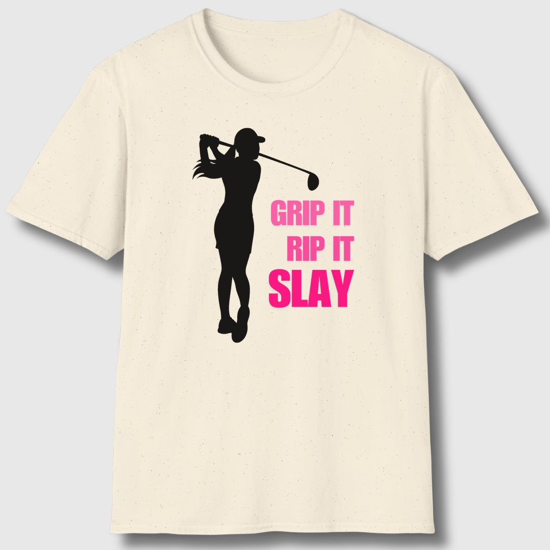 GRIP IT, RIP IT, SLAY (Female) - Adult Golf T-Shirt in Natural