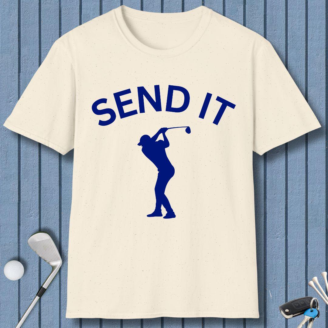 SEND IT - Male Golfer T-Shirt in Natural, great for casual wear. Find more fun golf focused products at oneforetheages.com