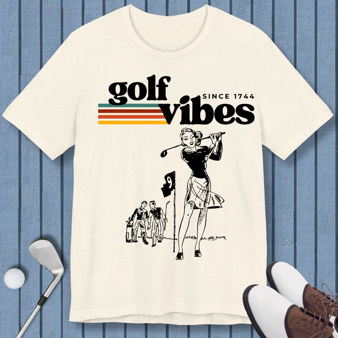 Golf Vibes | Retro T-shirt in Natural, great for casual wear. Find more fun golf focused products at oneforetheages.com