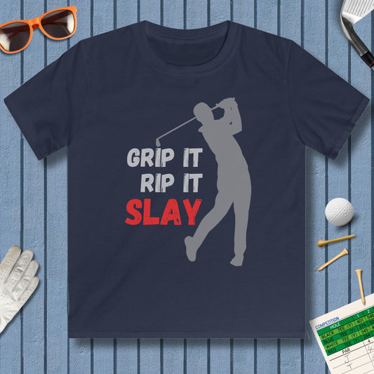 GRIP IT, RIP IT, SLAY (Male) - Youth Golf T-Shirt in Navy