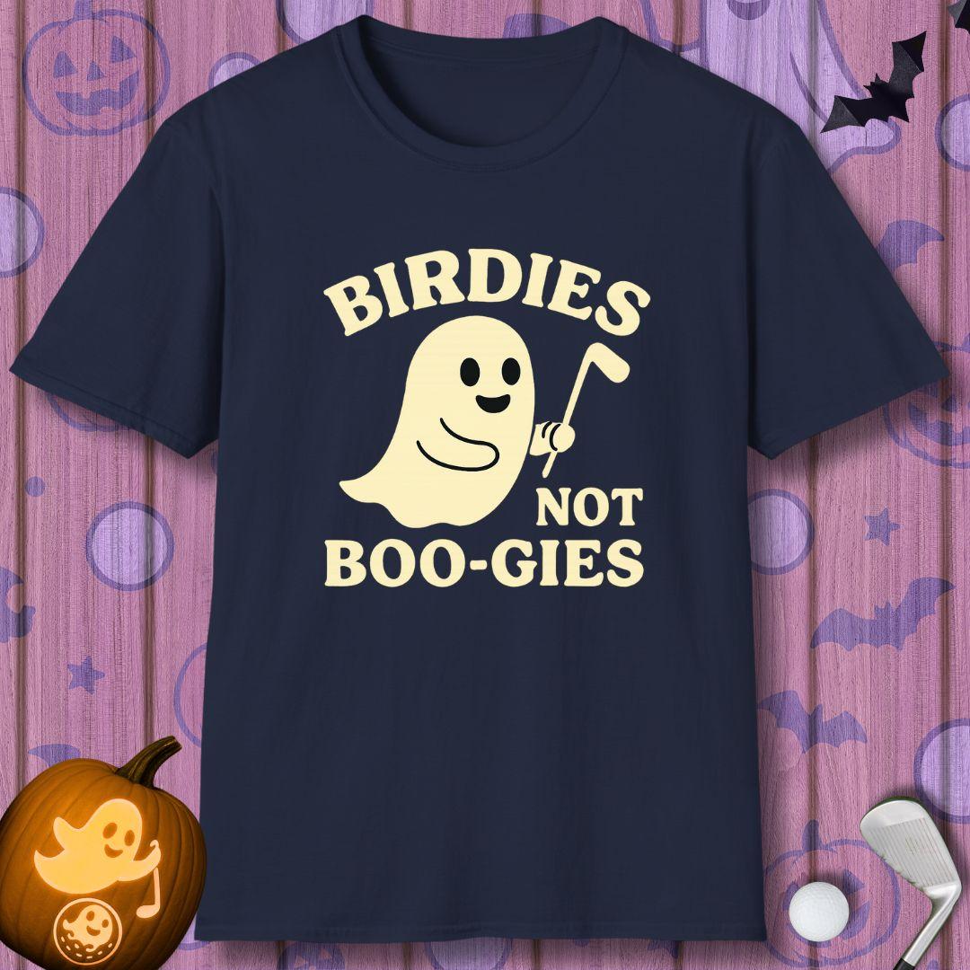 Birdies not BOO-GIES - Halloween T-shirt in Navy, great for casual wear. Find more fun golf focused products at oneforetheages.com