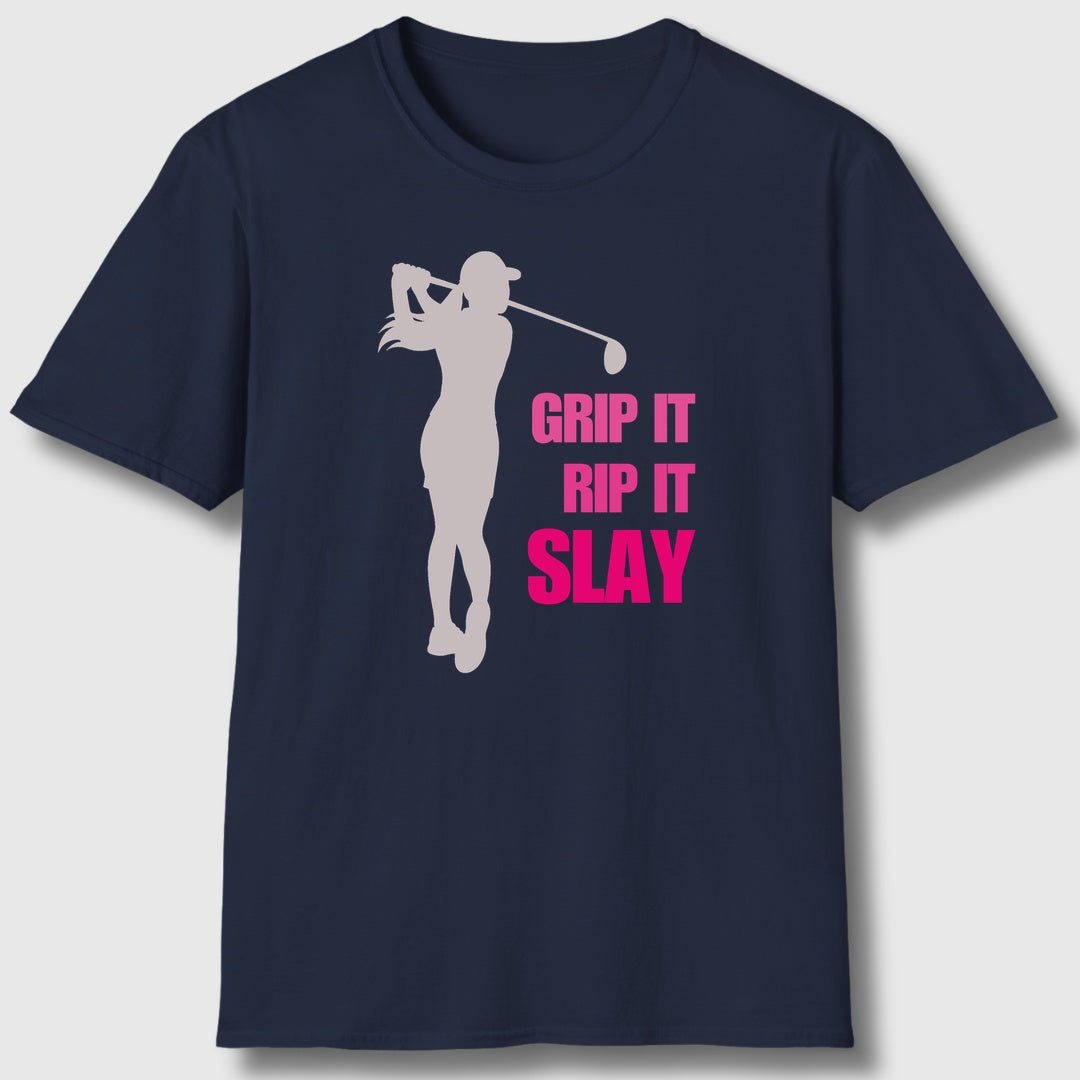 GRIP IT, RIP IT, SLAY (Female) - Adult Golf T-Shirt in Navy